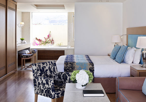 Knossos Beach Two Bedroom Suite Resort View big bed and amenities