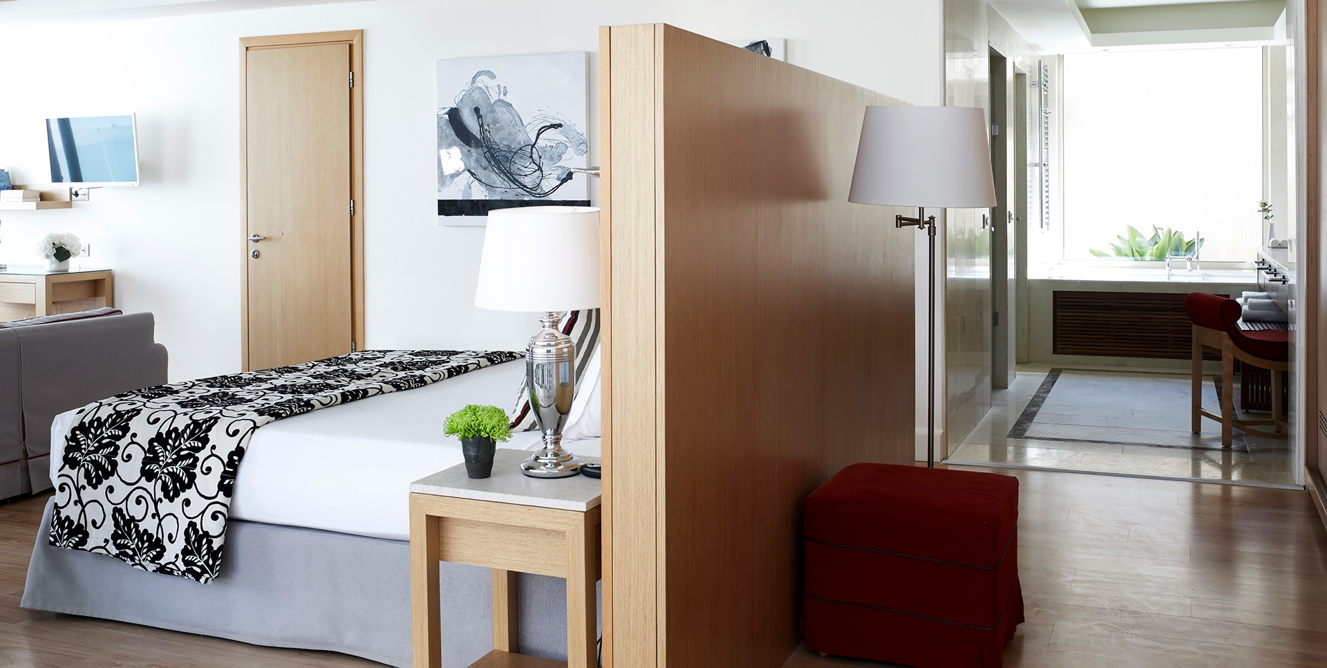 Knossos Beach Two Bedroom Spa Suite Sea View Private Pool double bed and room interior